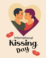 World kiss day postcard. International kissing day couple in love, romance, lovers. Vector illustration