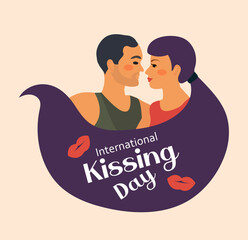 World kiss day postcard. International kissing day couple in love, romance, lovers. Vector illustration
