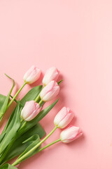 Bouquet of pink tulips. Spring vertical greeting card with copy space.