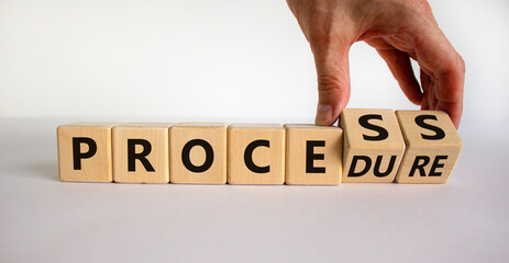 Process or procedure symbol. Businessman turns wooden cubes, changes a word 'process' to 'procedure'. Beautiful white background. Business and process or procedure concept. Copy space.