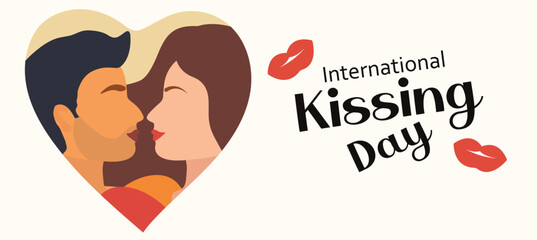 World kiss day postcard. International kissing day couple in love, romance, lovers. Vector illustration