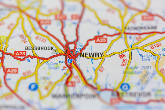 02-24-2021 Portsmouth, Hampshire, UK Newry shown on a road map or geography map