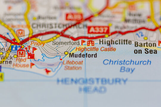 02-24-2021 Portsmouth, Hampshire, UK Mudeford shown on a road map or geography map