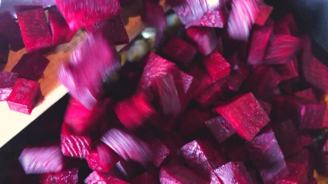 Diced beetroot close-up in the kitchen