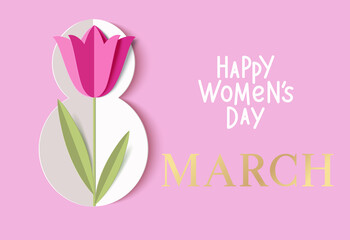 International Women's Day greeting card design template. 8 March concept. Paper pink tulip on number eight isolated on pink background. Happy Women's Day 8 March text. Vector stock illustration.