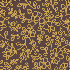 Seamless pattern with abstract flowers, with stems, buds and leaves silhouette. Background with blossoming outline flowers. Vintage floral hand drawn wallpaper. Vector stock illustration.