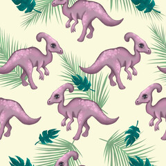 Jurassik seamless pattern. Hand drawn seamless pattern of cute dinosaurs, tropical leaves . Isolated on yellow background. Nursery decor, wallpapers, stationary supplies, cover designs.