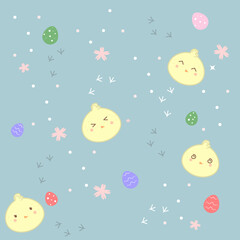 Cute Easter pattern with chickens, eggs and flowers on a blue background
