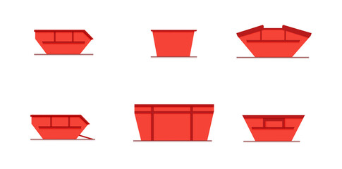 set of skip bin is a large open-topped waste container. red skip vector icon illustration - obrazy, fototapety, plakaty