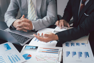 Executive business people team brainstorming on meeting to conference planning investment project working and strategy of business making conversation with partner, financial and accounting concept