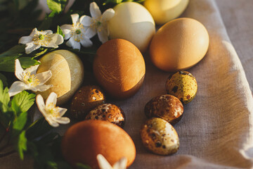 Happy Easter! Modern pastel easter eggs with spring flowers on rustic linen cloth in sunny light
