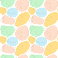 Vector seamless pattern consisting of multi-colored spots and linear tulips. Colored spots are stylized as spots of the skin of a spotted animal.