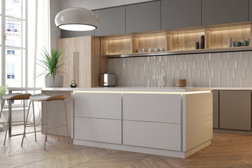 Modern interior of kitchen with living room
