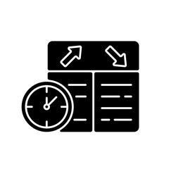 Flight scheduling black glyph icon. The ability to plan trips. Compliance with the schedule. Punctual air companies. Schedule. Silhouette symbol on white space. Vector isolated illustration