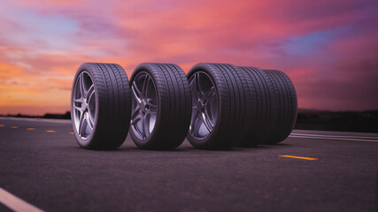 3d render car tires rolling on asphalt in the sunset © davstudio