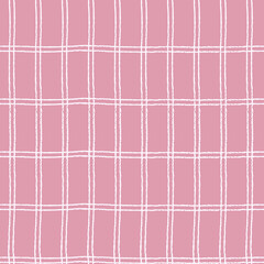 Seamless checkered repeating pattern with double hand drawn grid. Pink plaid background for wrapping paper, surface design and other design projects