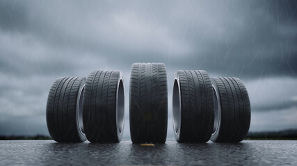 3d render car tires rolling on wet asphalt in the rain with a thunderstorm