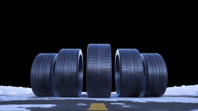 3d render four car wheels drive on a snowy road on a black background
