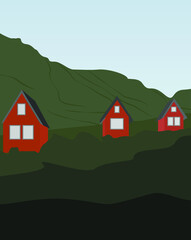 Red houses on green hills. Flat illustration in modern style. Vector painting in calm colors. Design for cards, posters, textiles, backgrounds.