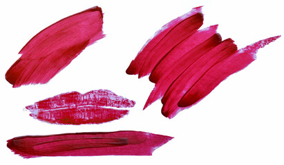 Set of bright lines, doodles of red lipstick on paper. Isolated lip print