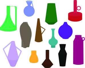 A collection of multi-colored vases on a white background. Vector flat illustration in the style of minimalism. Design for cards, posters, textiles, menus, t-shirts, design element.