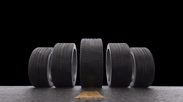3d render car tires rolling on wet asphalton a black background