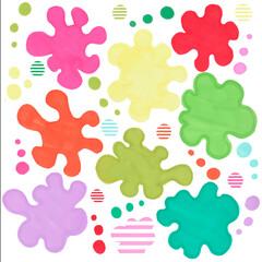 Yellow, green, blue, pink, orange blots and circles drawn with markers