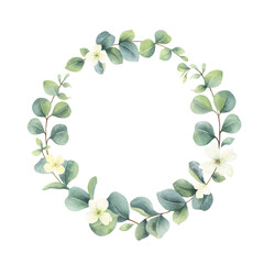 Watercolor vector hand painted wreath with green eucalyptus leaves and flowers.