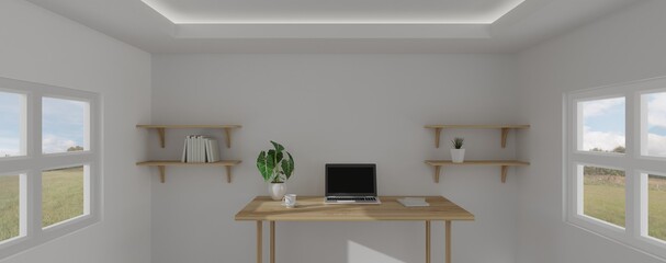 3d render interior room. minimal style design. working desk. home interior design. template for website, wallpaper, and mockup.