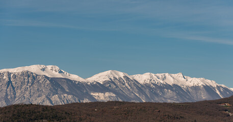Molise, Mainarde. Winter panorama. The Mainarde mountain range extends along the border between...