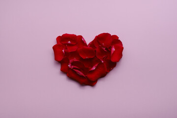 beautiful heart of red rose petals isolated on pink background