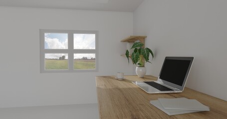 3d render interior room. minimal style design. working desk. home interior design. template for website, wallpaper, and mockup.