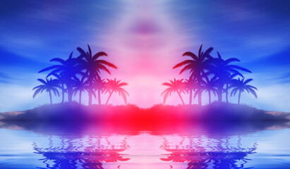 Abstract futuristic background. Silhouettes of palm trees on a t