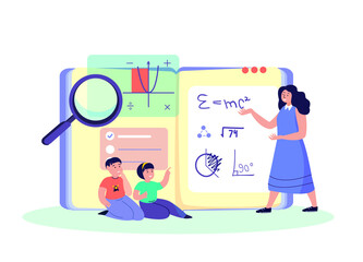 Class Tutorial Education for Children.Teacher Coach Explain Knowledge for Children Students Kid Study,Homework.Lesson Digital Learning.Home Schooling. Pupil Study in Internet. Flat vector illustration