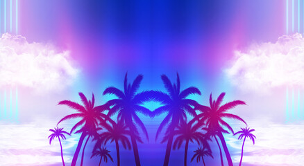 Fototapeta na wymiar Abstract futuristic background. Silhouettes of palm trees on a tropical island are reflected on the water, neon shapes against the background of an ultraviolet cloud. Beach party. 3d illustration