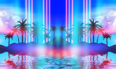 Fototapeta na wymiar Abstract futuristic background. Silhouettes of palm trees on a tropical island are reflected on the water, neon shapes against the background of an ultraviolet cloud. Beach party. 3d illustration