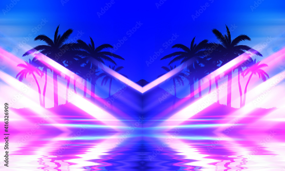 Wall mural Abstract futuristic background. Silhouettes of palm trees on a tropical island are reflected on the water, neon shapes against the background of an ultraviolet cloud. Beach party. 3d illustration