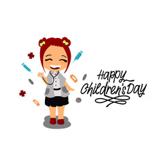 Kid wear doctor uniform with stethoscope. Happy Children's Day