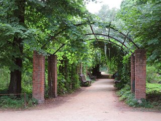 Russia. Moscow. Botanical Garden. Apothecary's garden. Ponds, fountains, bridges, arches and beautiful plants. 