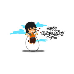 happy cute kid Girl play jump rope . Happy Children's Day
