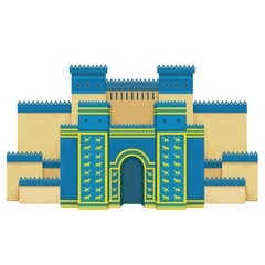 Cartoon color drawing: Ishtar Gate. Ancient sacred temple. Symbols of Babylon, Assyria, Mesopotamia. Vector illustration Isolated on white background.