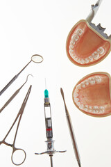 Various dental tools and dentures