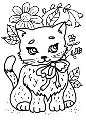 Cute Kitten kitty in flowers with a bow coloring page painting sheet for kids and adults