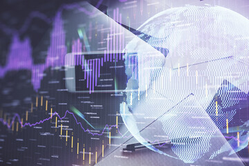 Multi exposure of forex graph hologram over desktop with phone. Top view. Mobile trade platform concept.