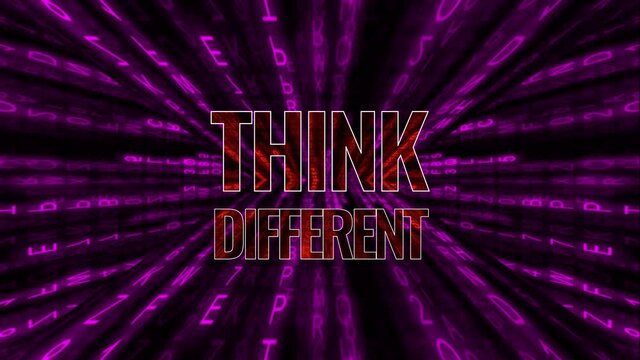 The text Think Different appearing from a matrix film style character animation. Colors: purple, red.
