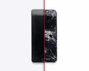 Mobile smartphone with broken screen on white background. Repairs concept.