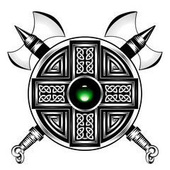 Emblem with round Viking shield and crossed axes 