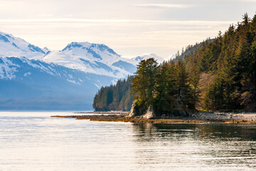 Snow-capped mountains and evergreen trees along the coast of southern Alaska © Mary Swift