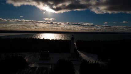 New Presque Isle Lighthouse in Michigan during the winter.