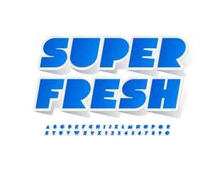 Vector advertising badge Super Fresh. Blue sticker Font. Creative Alphabet Letters and Numbers set
